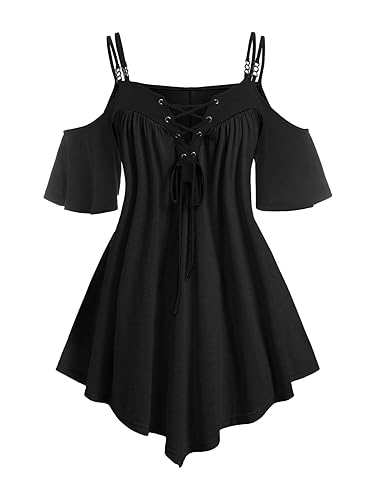 ROSE GAL Rosegal Women Plus Size Cold Shoulder Tee Lace-up Asymmetric Marled Short Sleeves Tee Open Shoulder Tunic Top - Black_1 - 1X