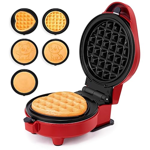 Holstein Housewares Mini 4-Inch Waffle and Personal Griddle Maker with 7 Interchangeable Plates – Create Fun-Shaped Puppy Dog, Kitty Cat, Heart Waffles, Pancakes, Eggs and More Fun-Shaped Treats - 4-Inch - Red Interchangeable