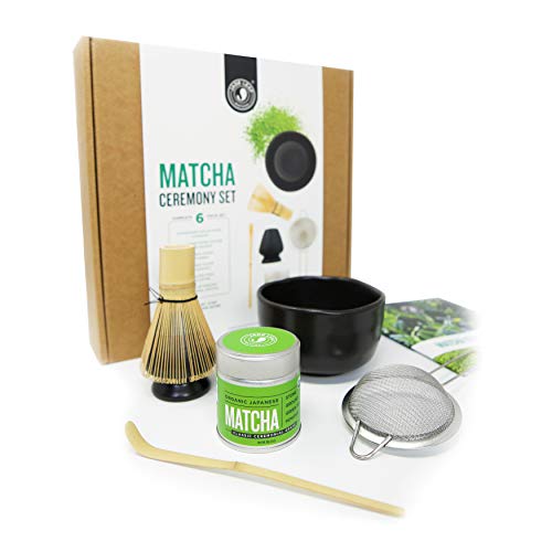 Jade Leaf Matcha 6 Piece Ceremony Set - Includes: 30g Tin of Ceremonial Matcha, Stoneware Bowl & Whisk Holder, Bamboo Whisk & Scoop, Stainless Steel Sifter