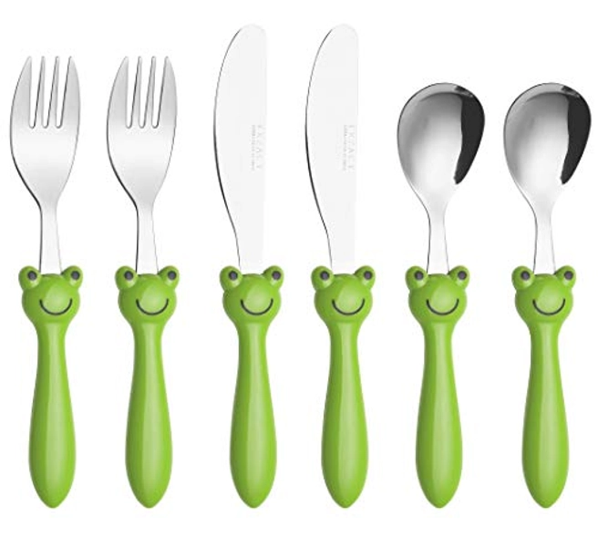 Exzact Children's Cutlery Stainless Steel 6pcs Set/Kids Cutlery/Toddler Utensils/Flatware - 2 x Forks, 2 x Safe Dinner Knives, 2 x Dinner Spoons (Frog x 6)