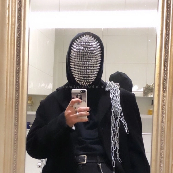 Studded Spikes Full Face Jewel Mask, Handmade Full Coverage Haute Couture Mask (Halloween, EDM, Cosplay, Rave, Party, Movie)