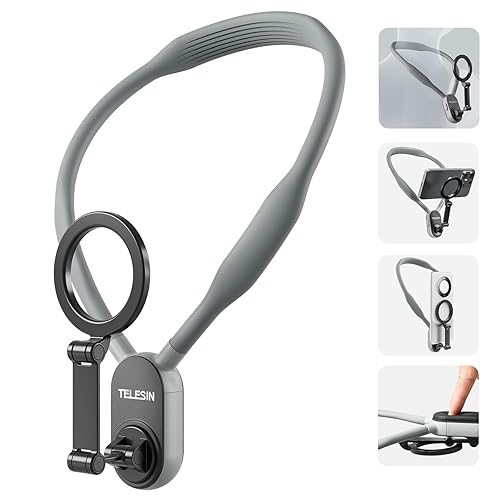 TELESIN° POV/Vlog Support Magnétique pour Cou Téléphone Portable, Support de Cou Magnétique, Support de Cou pour téléphone pour la Prise de Vue Vidéo pour iPhone 15 14 13 12 Téléphones Android (Gris) - gris