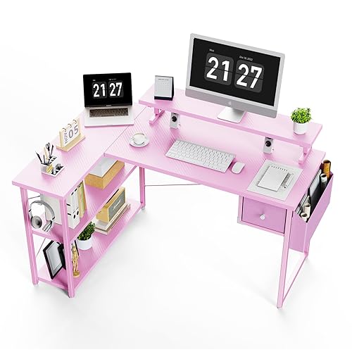 DOMICON Gaming Desk, 47 inch L Shaped Gaming Desk, Computer Desk with LED Lights & Adjustable Stand, Power Outlets, Storage Drawer, Reversible Gaming Desk with Shelves, Hook, Carbon Fiber Pink - 47 Inch - Carbon Fiber Pink