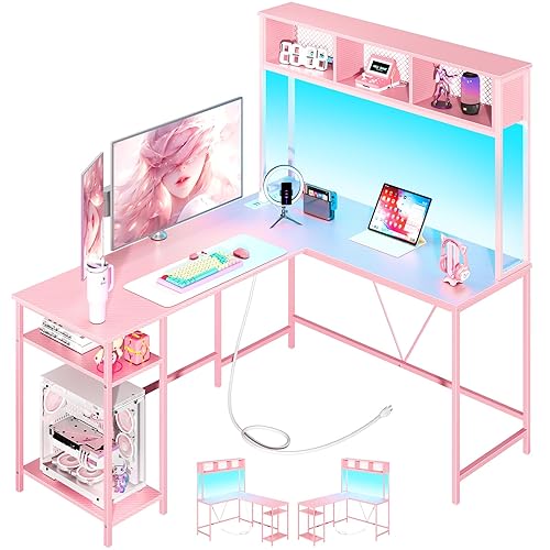 Yoobure L Shaped Desk Gaming Desk with LED Strip & Power Outlet, Reversible L-Shaped Computer Desk, Corner Desk with Storage Shelf, 2 Person Home Office Desk, Carbon Fiber Pink - Carbon Fiber Pink