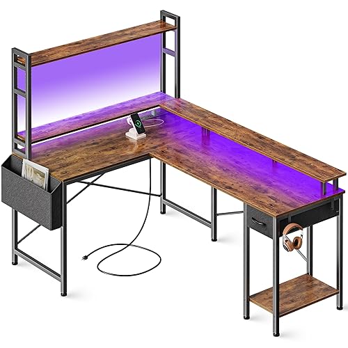 Huuger L Shaped Desk Computer Desk with LED Lights & Power Outlets, Gaming Desk with Storage Shelves, Corner Desk Home Office Desks for Bedroom, Rustic Brown - Rustic Brown