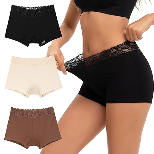 INNERSY Boxershorts Damen Baumwolle Unterhosen Spitze Hipster Unterwäsche Boyshorts Panties 3er Pack - M - Schwarz/Hellrosa/Braun