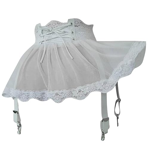 ROSVAJFY Mini Mesh Rock Sexy Strapsgürtel Damen Strumpfhalter Hohe Taille Dessous Kleid Reizwäsche mit 4 Clips, 2 Stücke Unterwäsche Durchsichtiger Minirock + Spitzen Höschen - Einheitsgröße - Weiß