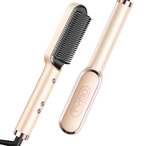 TYMO Ring Hair Straightener Brush – Hair Straightening Iron with Built-in Comb, 20s Fast Heating & 5 Temp Settings & Anti-Scald, Perfect for Professional Salon at Home, Peach - Peach