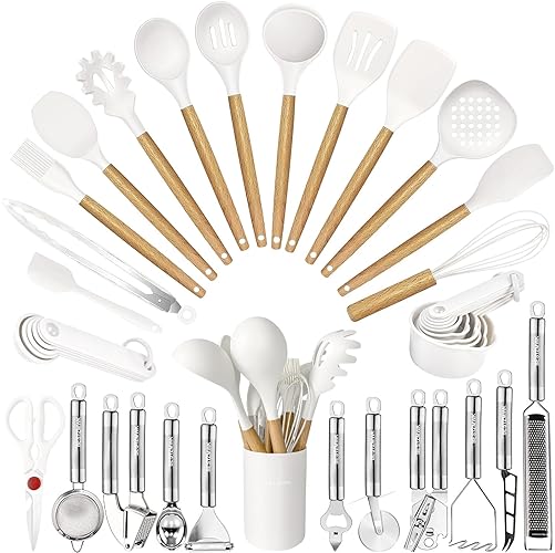Cooking Utensils Set- 35 PCs Kitchen Utensils with Grater,Tongs, Spoon Spatula &Turner Made of Heat Resistant Food Grade Silicone and Wooden Handles Kitchen Gadgets Tools Set for Cookware - White