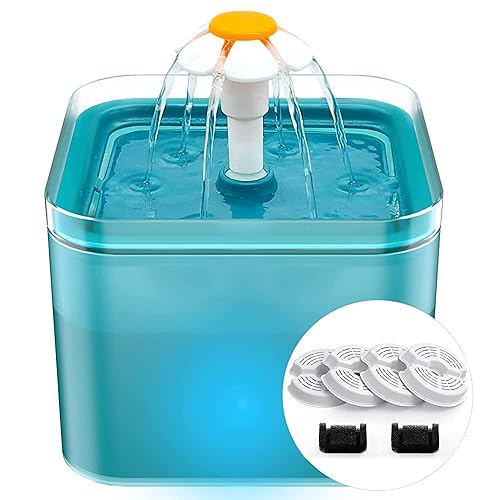 Cat Water Fountain for Cats Indoor: 67oz/2L Cat Fountain - Quiet Pet Water Fountain - Cyan Cat Fountains for Drinking Easy to Clean - for Cats&Pets& Small Animals - Including 4 Filters + 2 Sponges - Cyan+6 Filters