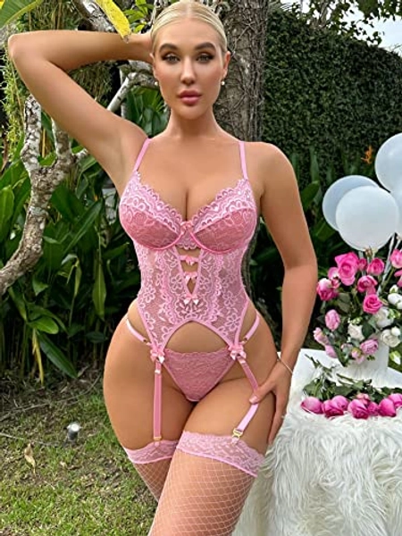 DXXDLE Womens Sexy Lingerie Floral Lace Underwire Garter Lingerie Set with 1pair Stocking Sexy Nightwear Lingerie for Party