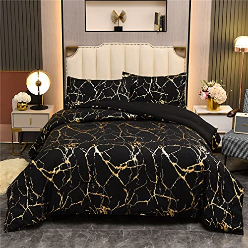 Holawakaka Gold Metallic Marble Comforter Set Full Size Foil Print Glitter Bedding Sets,Black/Gold,Full - Black Gold - Full