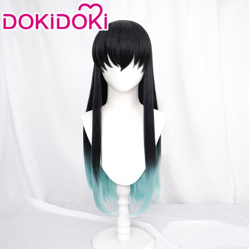 Dokidoki Anime Cosplay Wig Long Straight Black Green Pony Tail | With Twin Tail-Order Processing Time Refer to Description Page