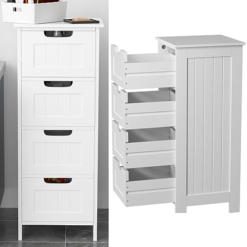 Chest of Drawers Bedroom, White Chest of Drawers, 4 Drawers Dresser, Wooden Freestanding Storage Cabinet, Floor Standing Tall Narrow Storage Cupboard Organiser Unit for Bedroom, Living Room, Hallway - 4 Drawers Storage Cabinet