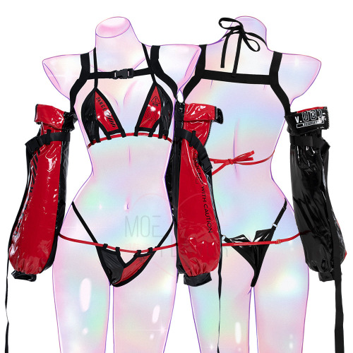 DANGER Cyber Cat Bikini with Sleeves - Red and Black / S/M