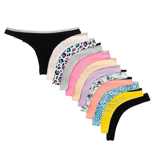 Alyce Intimates Women’s Cotton Thong Panties, 12 Pack - Medium - Cheetah + Skulls + Solids