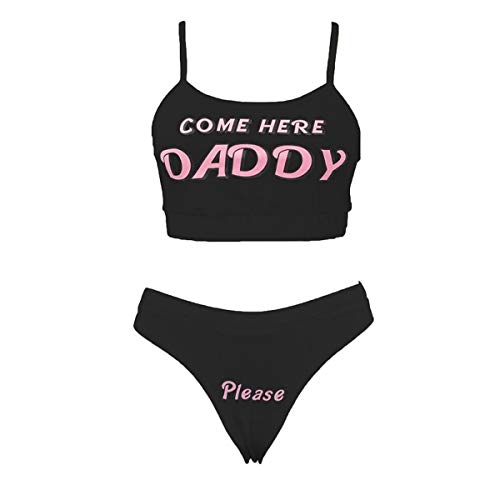 Multitrust Sexy Women Come Here Daddy Please Strappy Lingerie Set 2PCS Slutty Underwear Tank Tops and Panty Pajamas Sleepwear - Medium - Black