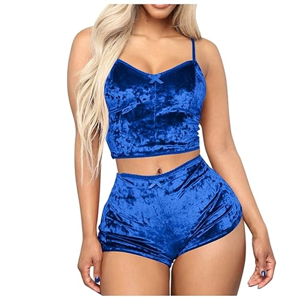 Women's Sexy Velvet 2 Piece Romper Outfit Spaghetti Strap Sleeveless Crop Top + Shorts Bottom Sleepwear Pajama Set - Blue-1 - Medium