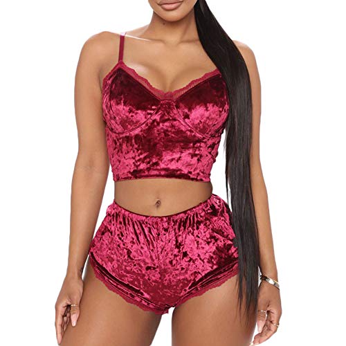 RUEWEY Women Sexy Strappy Babydoll Lingerie Satin Pajama Set Camisole with Shorts 2 Piece Sleepwear - T-rose - Medium