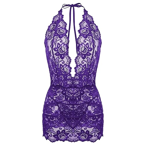 Gladiolus Lingerie for Women Lace Teddy Sexy Deep V Halter Open Back Bodysuit Babydoll S-XXL
