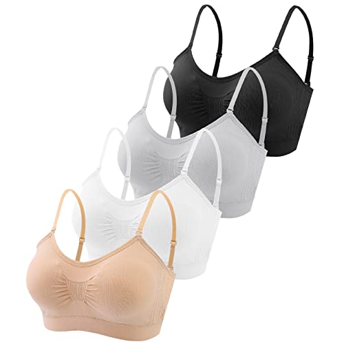 Omisy 4 Pieces V Neck Padded Bralette Cami Bra Wireless Tank Top Bra Sports Bra with Adjustable Straps - Black, White, Nude, Grey - Medium