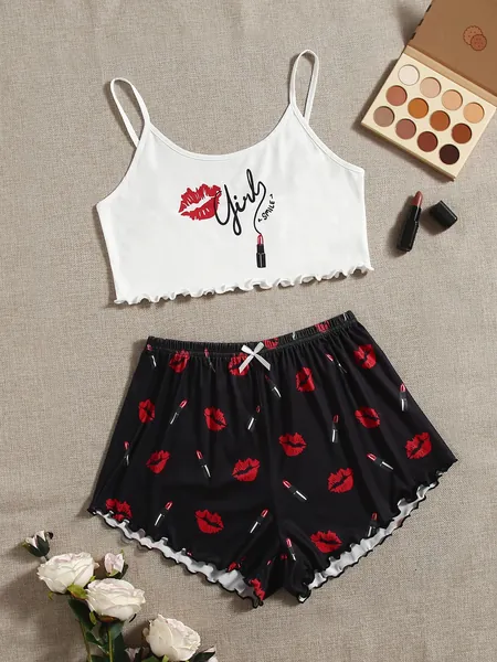 Lip & Letter Graphic Lettuce Cami Sleep Top & Sleep Shorts