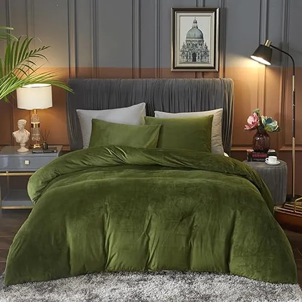 Ivellow Velvet Duvet Cover Queen Set Sage Green Comforter Cover 3Pcs Ultra Soft Cover Breathable Solid Luxury Flannel Velour Duvet Cover Zipper Closure Corner Tie - Queen - Emerald Green
