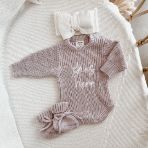 Announcement Bundle - 'She's Here' Knit w/ Topknot - Lavender Purple (PRE ORDER size NB Est dispatch Late Sept) | NB PRE ORDER EST DISPATCH LATE SEPT