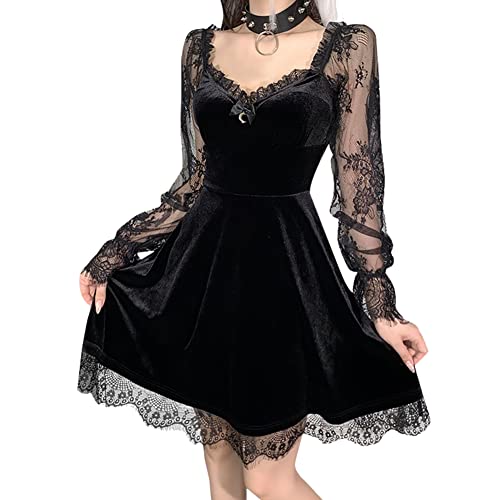 IKADEX Women Gothic Dress Vintage Lace Grunge Punk Goth Dresses Casual Cosplay Party Cocktail - X-Large - #A: Black