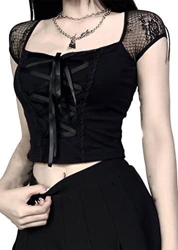 TSMNZMU Womens Gothic Crop Tops Mesh Short Sleeve Punk Alt Shirt Grunge Harajuku Emo Tops with Bandage - X-Large - 1-goth Yk2 Aesthetic