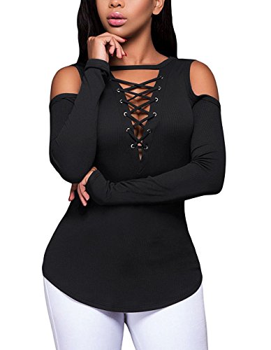 Defal Women's Sexy V-Neck Cold Shoulder Long Sleeve Blouse Shirt Slim Lace-Up Ribbed Stretchy T-Shirt Top - X-Large - Black