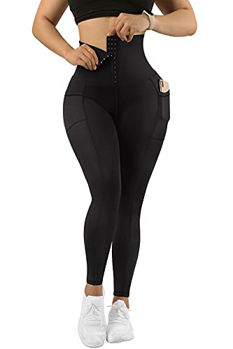MOOSLOVER Women Corset High Waisted Leggings with Pockets Tummy Control Body Shaper Yoga Pants - X-Large - #1 Black-871