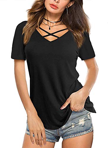 Amoretu Women Casual V Neck Tops Short Sleeve Summer T Shirts Blouses - X-Large - Black