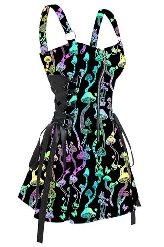 FEAPHY Women's Gothic Dress Galaxy Sun Star Sleeveless Zip Front Lace Up A-Line Mini Dress - X-Large - Mushroom