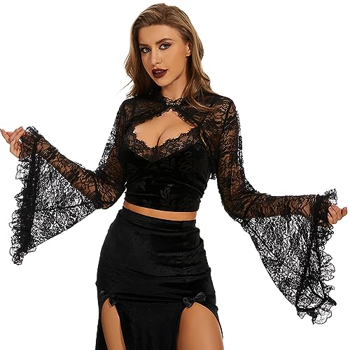 Century Star Mesh Crop Tops for Women See Through Shrug Long Sleeve Open Front Fishnet Cover Up Sexy Rave Outfits Sheer - X-Large - Gothic Style