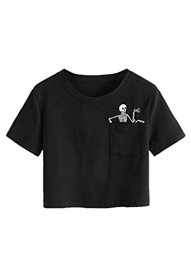 SweatyRocks Women's Cute Floral Print Cropped Tee Short Sleeve Crop Top - X-Large - Skull Black