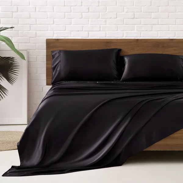 MR&HM Satin Bed Sheets, Queen Size Sheets Set, 4 Pcs Silky Bedding Set with 15 Inches Deep Pocket for Mattress (Queen, Black) - Black Queen