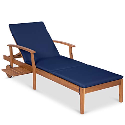 Best Choice Products 79x26in Acacia Wood Chaise Lounge Chair Recliner, Outdoor Furniture for Patio, Poolside w/Slide-Out Side Table, Foam-Padded Cushion, Adjustable Backrest, Wheels - Navy Blue - Navy Blue