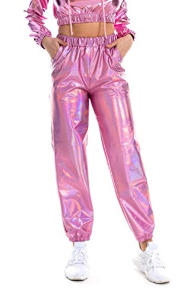 FEOYA Women Holographic Metallic Joggers Shiny Pants Sparkly Athletic Trousers Sweatpants Wet Look Rave Clothes Costume