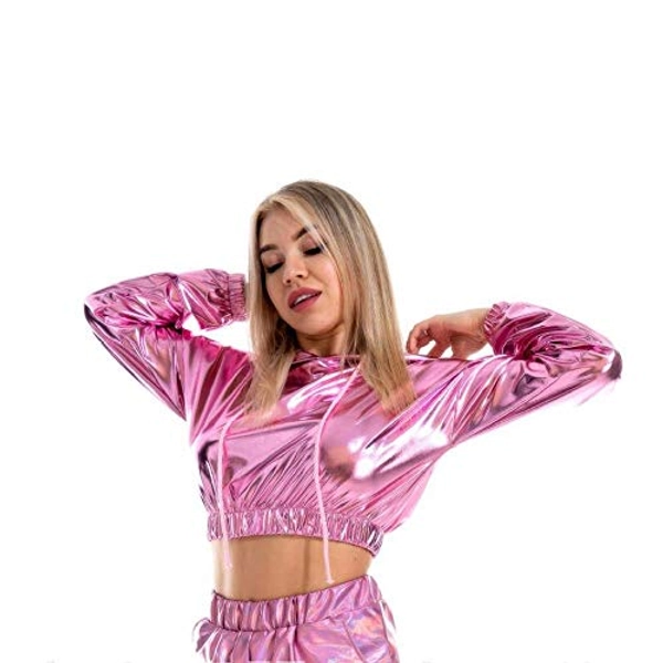 FEOYA Women Metallic Crop Top Holographic Sweatshirts Hoodies Long Sleeve Tops