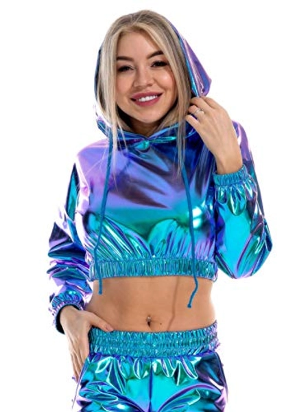 FEOYA Women Metallic Crop Top Holographic Sweatshirts Hoodies Long Sleeve Tops