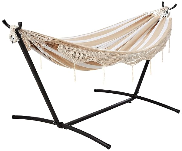 Amazon Basics Double Hammock with 9-Foot Space Saving Steel Stand and Carrying Case, 450 lb Capacity, Beige Stripe with Lace, 110 x 47 x 43 inches - Beige Stripe With Lace