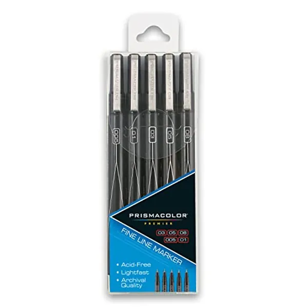 Prismacolor Premier Fine Line Illustration Markers, Assorted Fine Tips, Black, Adult Coloring, 5 Pack