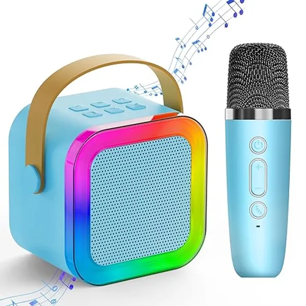 Mini Karaoke Machine for Kids Adults,Portable Bluetooth Speaker, 2 Wireless Microphones with Fun Voice Changing Function-Toys for 5 6 7 8 9 10 Year Old Girl Boys Birthday Gifts Ideas - Blue - 1 Mic