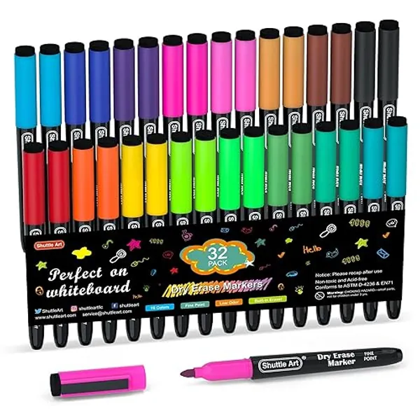 Shuttle Art Dry Erase Markers, 32 Pack 16 Colors Magnetic Whiteboard Markers with Erase, Fine Point Dry Erase Markers Perfect For Writing on Whiteboards,Mirrors for School Office Home - 32 Pack 16 Colors Magnetic