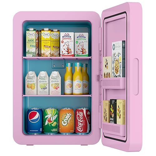 Kikihuose 22L/30Cans Mini Fridge for Bedroom, 12v DC Portable Cooler & Warmer, Mini Refrigerator with Glass Front, for Car Office Desk & Dorm Room Food Beverage Skincare Makeup (Pink) - Pink - 22L