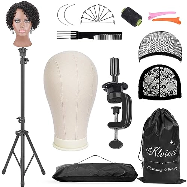 Klvied Reinforced Wig Mannequin Stand with Head, Dual-use 22 Inch Canvas Wig Head Display, Adjustable Clamp Wig Holder, Manikin Head Set for Cosmetology Hairdressing Training with Carrying Storage Bag