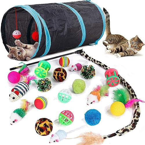 21 Pcs Cat Toys for Indoor Cats Collapsible Cat Tunnel Interactive Feather Teaser Wand Ball Toy for Kitten Cats - Black