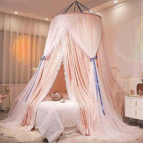 Kertnic Luxurious Bed Canopy for Girls & Adults, Large Elegant Double Layer Bed Curtain Canopy Drapes, Round Dome Lace Princess Canopies Netting (Star) - Star