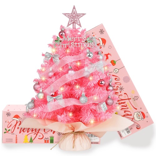 20" Mini Pink Christmas Tree, Artificial Small Christmas Tree with Lights, Tabletop Christmas Tree with Star Treetop,Bow Gift Boxes and Ball Ornaments for DIY Christmas Decoration Gifts (Pink) - Pink